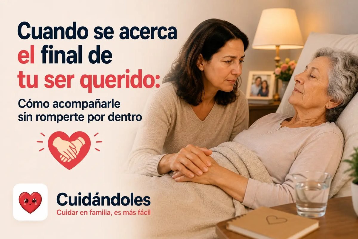 Mano joven sobre la mano de una persona mayor junto a una ventana con luz cálida, transmitiendo presencia serena en el acompañamiento al final de la vida.