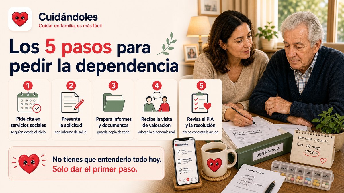 Infografía con los pasos para solicitar la ley de dependencia: pedir cita en servicios sociales, solicitar la valoración del grado, la visita de valoración, la elaboración del PIA o Programa Individual de Atención, y la resolución con la ayuda concedida.