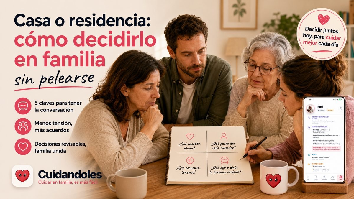 Escena familiar evocadora del momento de tomar una decisión sobre el cuidado de un mayor, con el corazón de Cuidándoles acompañando la imagen.