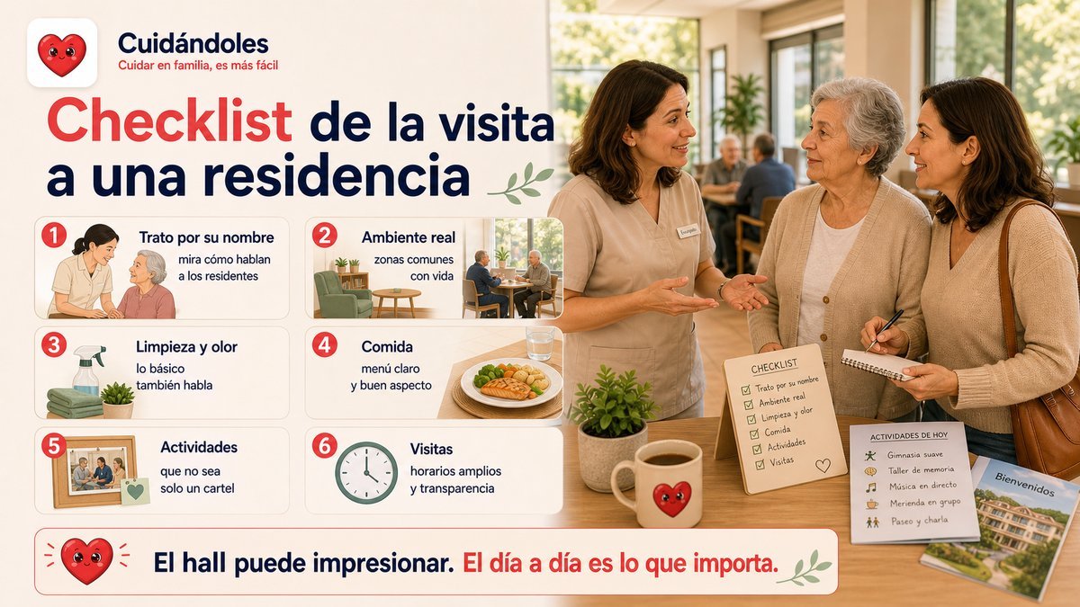 Infografía con la checklist para visitar una residencia de mayores: observar el trato al residente, la limpieza y el olor, el estado y ánimo de los residentes, la comida y las actividades, preguntar por el ratio de personal y la atención sanitaria, y revisar bien el contrato y los costes.