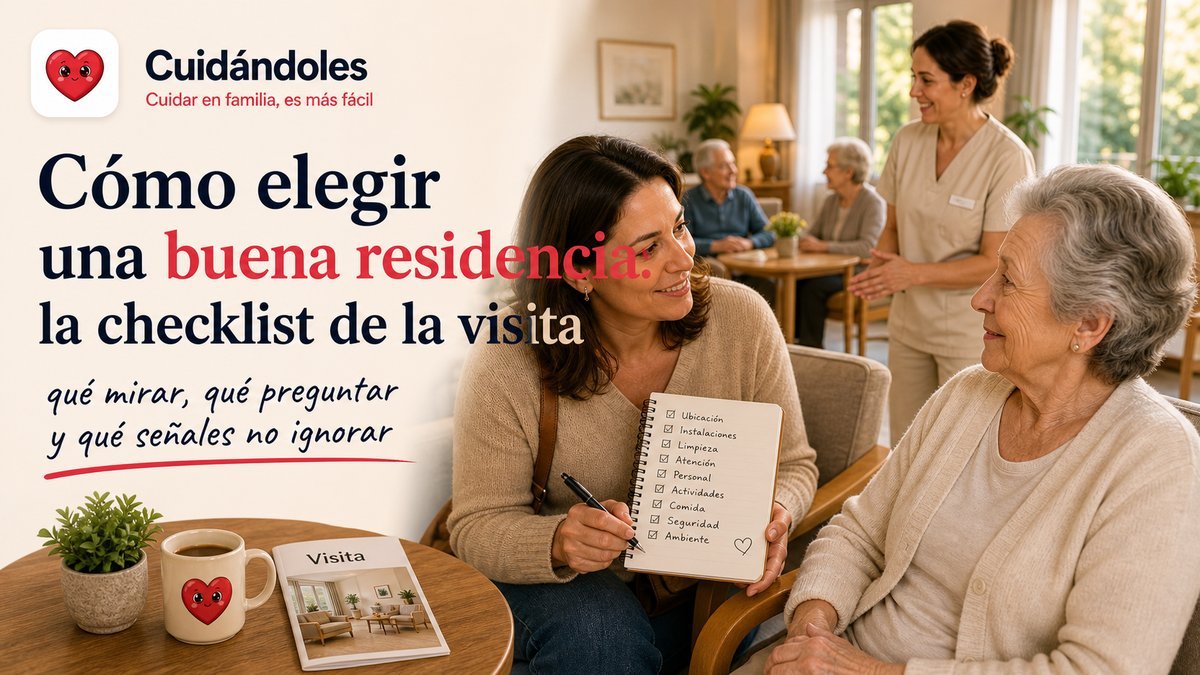 Hija y madre mayor visitando juntas una residencia luminosa y acogedora, conversando con una trabajadora del centro durante la visita previa a la decisión.