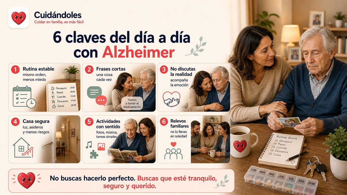 Infografía con 6 claves para cuidar a un familiar con Alzheimer en el día a día: mantener una rutina estable, hablar con frases cortas sin discutir la realidad, hacer la casa segura, evitar las batallas en comidas y aseo, redirigir en los momentos de agitación y cuidar también al cuidador.