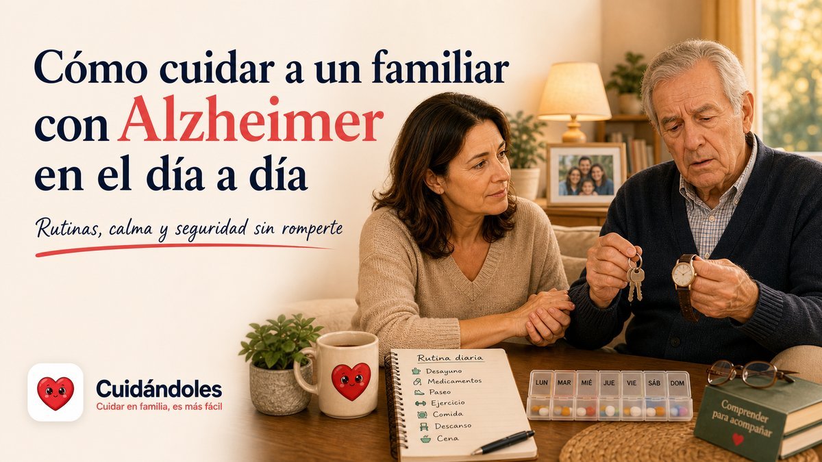 Hija acompañando con cariño a su padre mayor con Alzheimer en la cocina de casa, en un momento tranquilo del día a día.