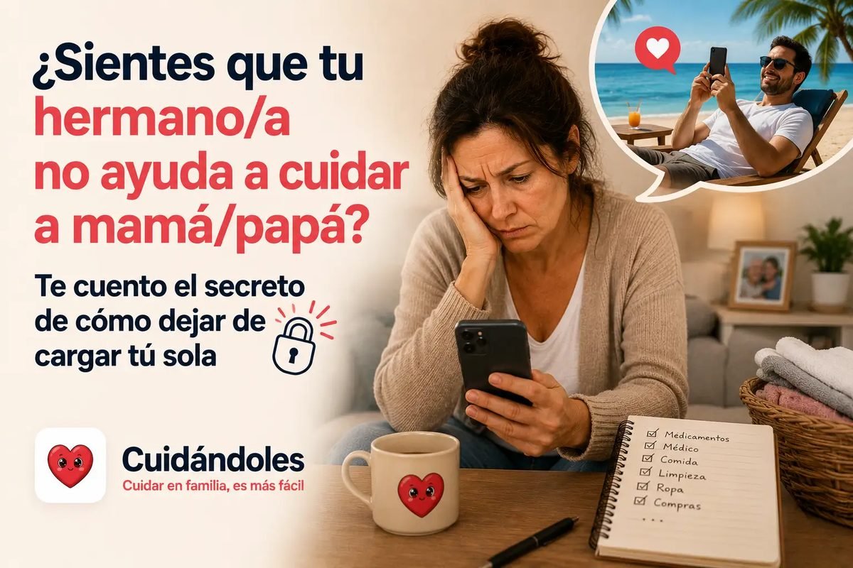 Mujer de mediana edad organizando sola la medicación y los papeles del cuidado de su madre sobre una mesa, reflejando el peso de cargar en solitario cuando los hermanos no ayudan.