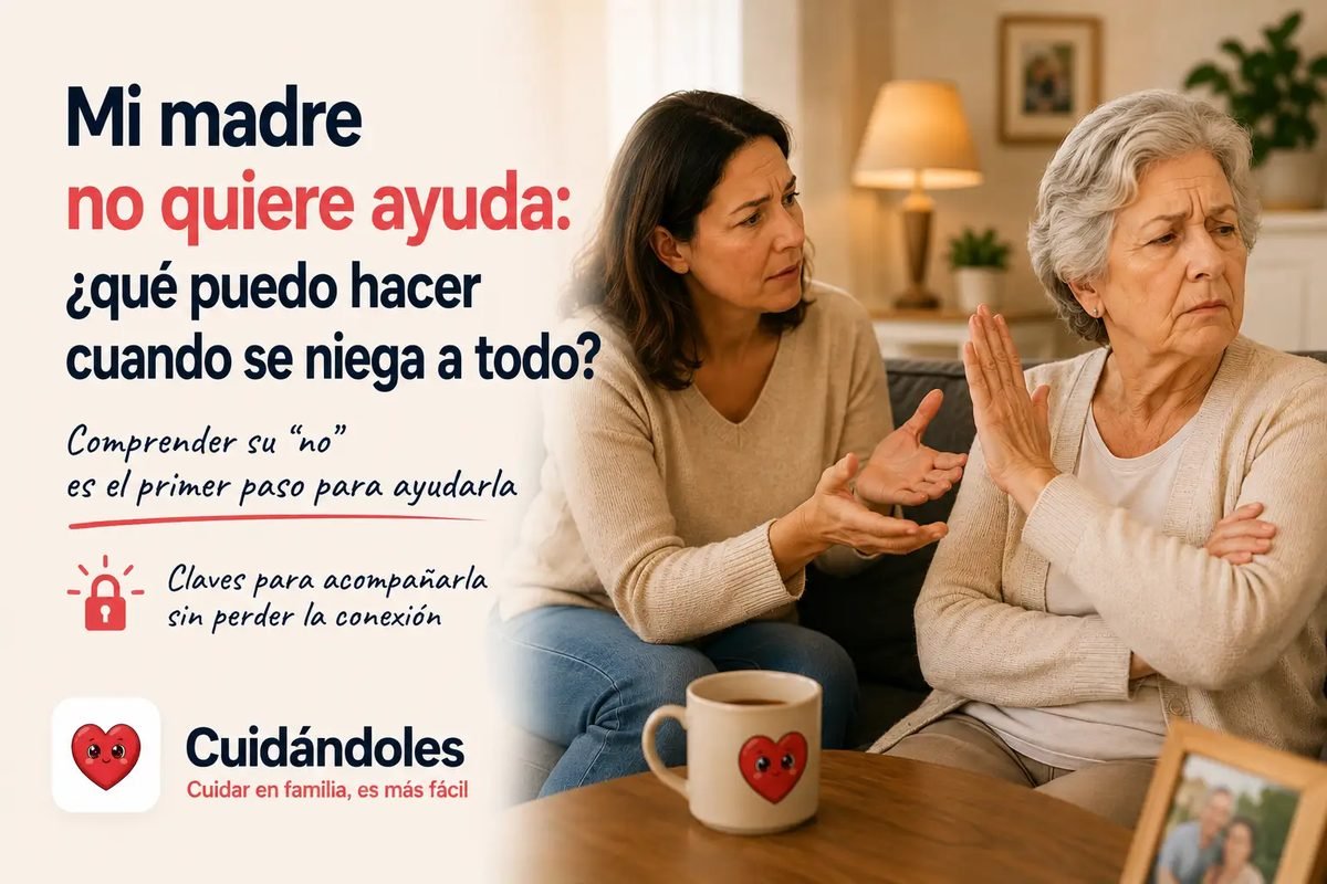 Hija y madre mayor sentadas juntas en una conversación tranquila y respetuosa, reflejando la paciencia necesaria cuando una persona mayor se niega a recibir ayuda.