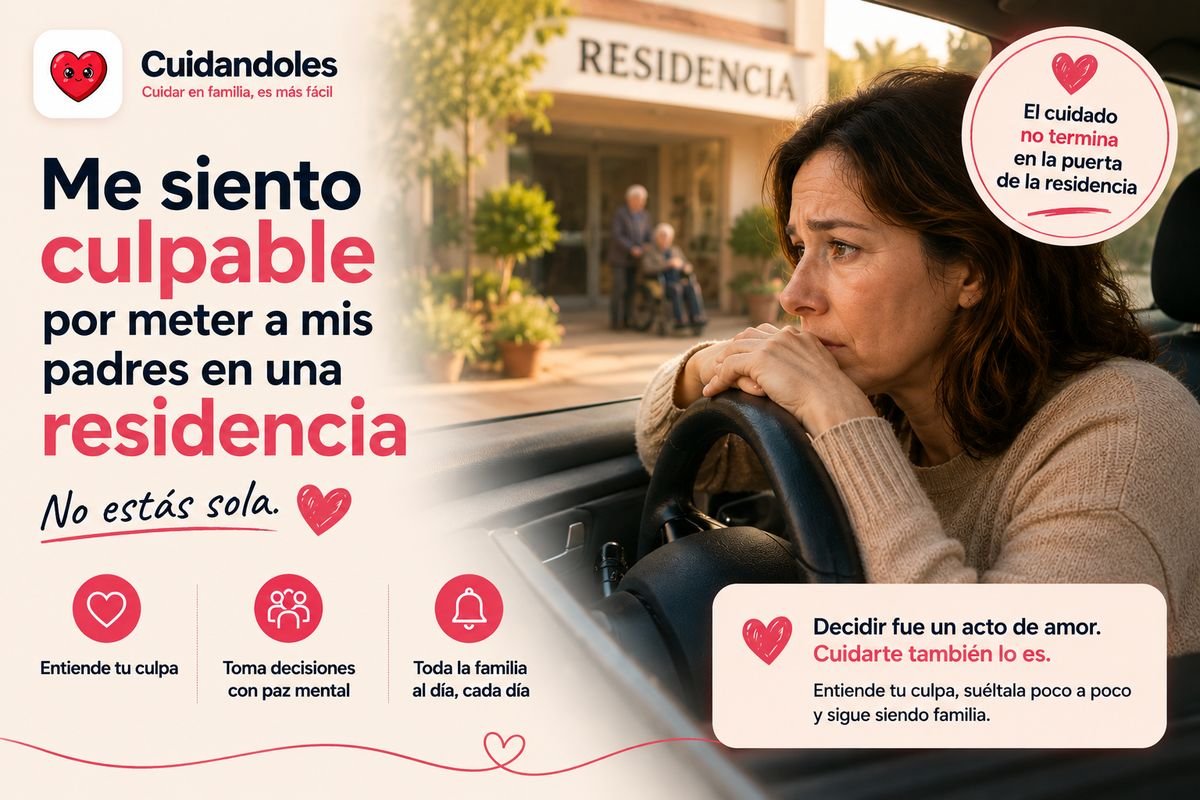 Escena evocadora del momento de la culpa que aparece tras llevar a un familiar a una residencia, con el corazón de Cuidándoles acompañando la imagen.