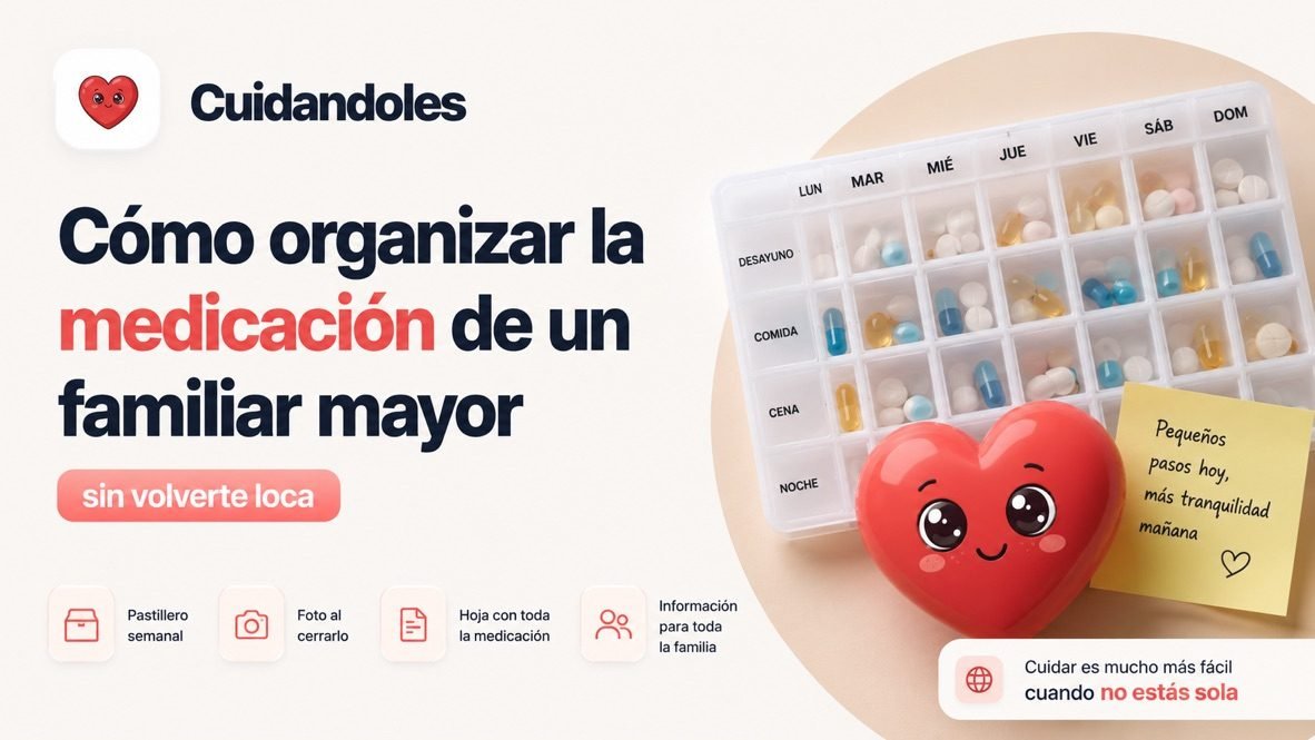 Pastillero semanal abierto sobre la mesa con pastillas organizadas por día y por toma, junto al corazón de Cuidándoles y un post-it que dice: pequeños pasos hoy, más tranquilidad mañana.